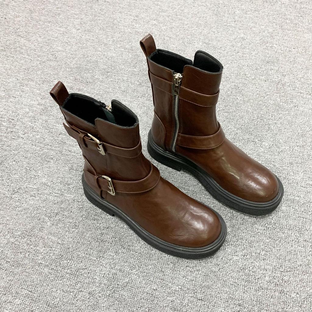 Spot Second Hair! Fashion Versatile New Washed Shrinkage Horse Leather Buckle with Side Zipper Thick Heel Martin Short Boots Women's Autumn