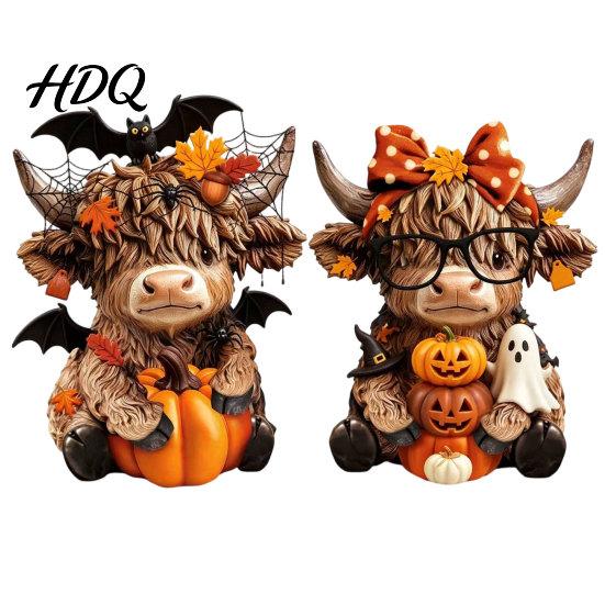 Country Home Ornament 2PCS Highland Cow Ornament Wooden Rustic Style Figurine Thanksgiving