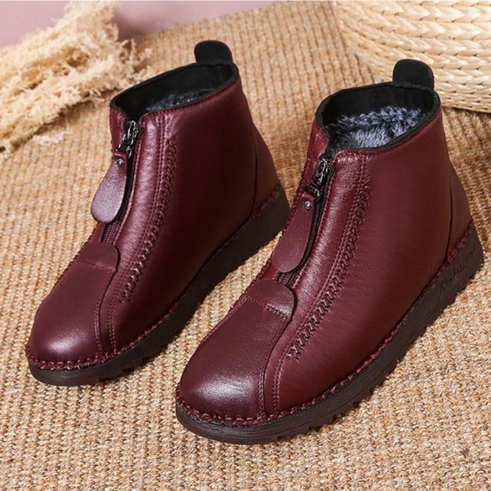 Winter Women Ankle Boots Fashion Warm Mother's Boots Flat-Bottom Comfortable Non Slip Front Zipper Closure Female Footwear