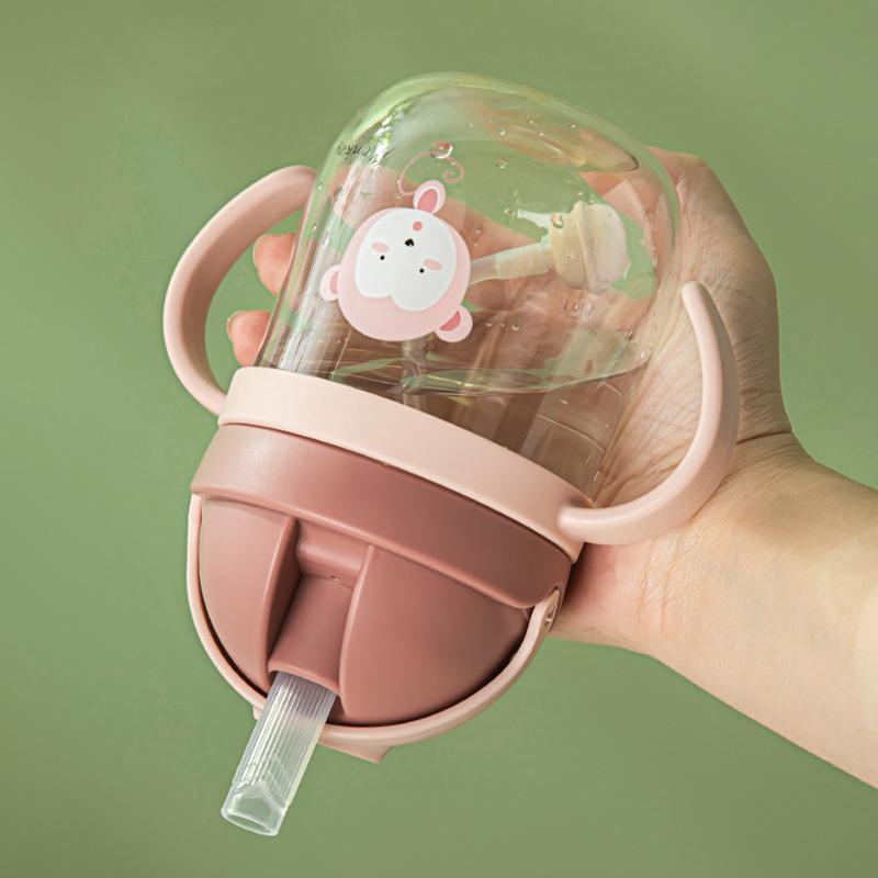 250Ml Cartoon Pattern Outdoor Child Drinking Bottle With Straw Baby Feeding Cup For Kids Training Portable Handle Water Bottle