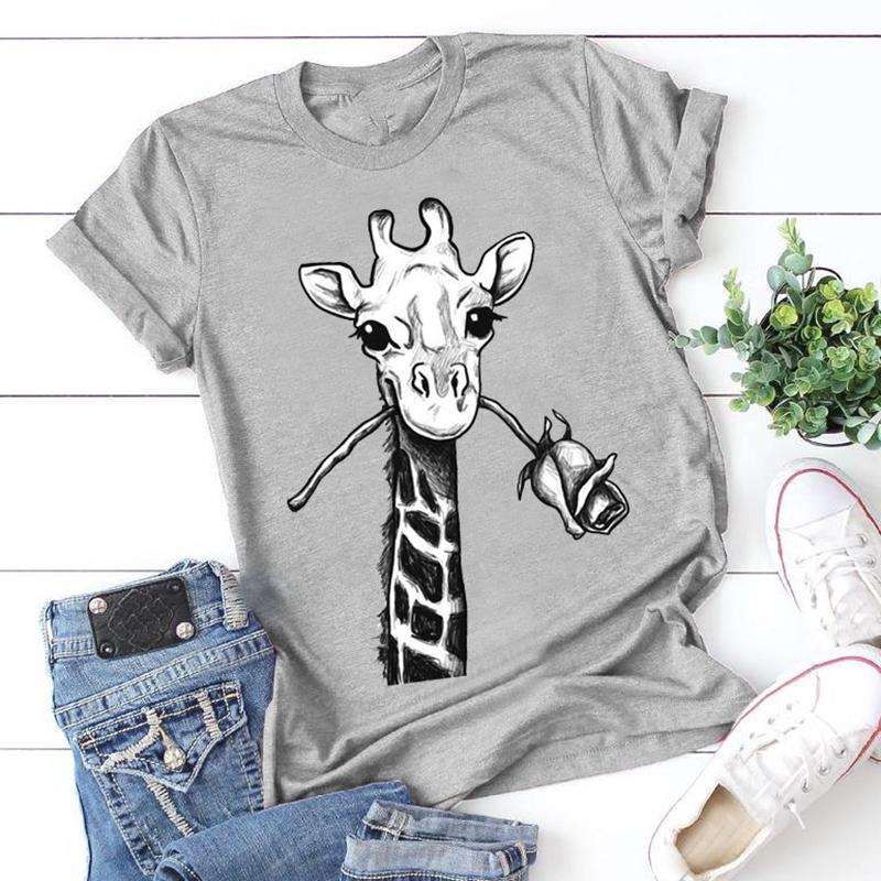 Summer Fashion Blouses Giraffe Print T Shirts Short Sleeve Tops Cotton Casual Tee