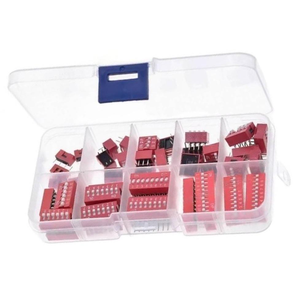 45PCS/Box Dip Switch Kit 1/2/3/4/5/6/7/8/9P Pitch 2.54mm Toggle Switch Red Snap Switches Mixed Kit Each 5PCS Combination Set