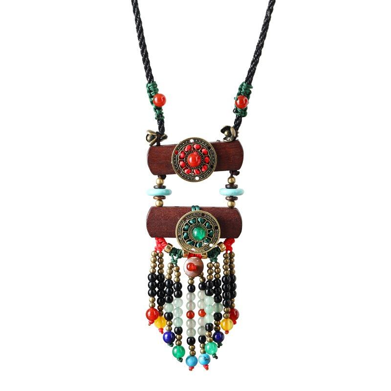 Retro Fringed Necklace Women's Woven Long Wooden Chalcedony Pendant Literary Temperament Sweater Chain with Jewelry