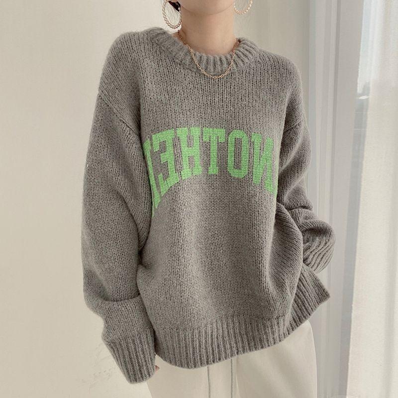 Koreanische Mode Herbst und Winter Bonbonfarben Pullover für Damen Locker Übergroß Pullover Buchstaben Gestrickte Pullover O-Ausschnitt
