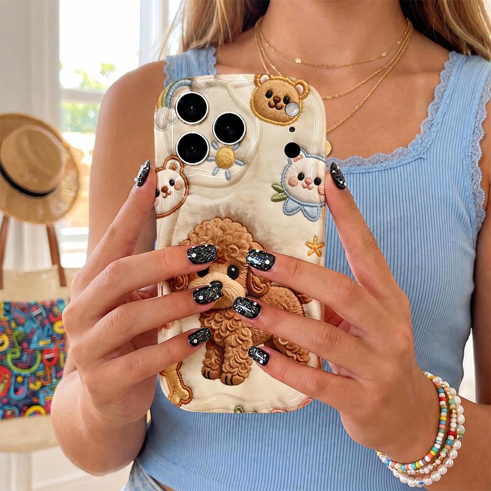 Embroidery Teddy Dog Bone Cat Wavy Edge Phone Case For iPhone 17 16 15 14 13 12 11 8 7 Plus Pro Max Soft Bumper Cover