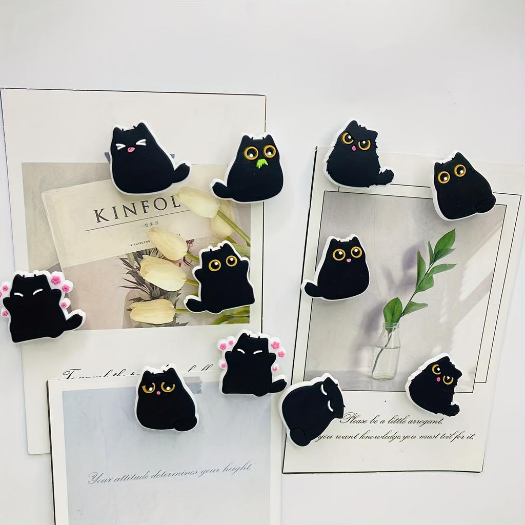 6pcs Kawaii Chubby Black Cat Fridge Magnets, Decorative Plastic Resin, Multi-Use for Kitchen and Office, Ideal Holiday Gift