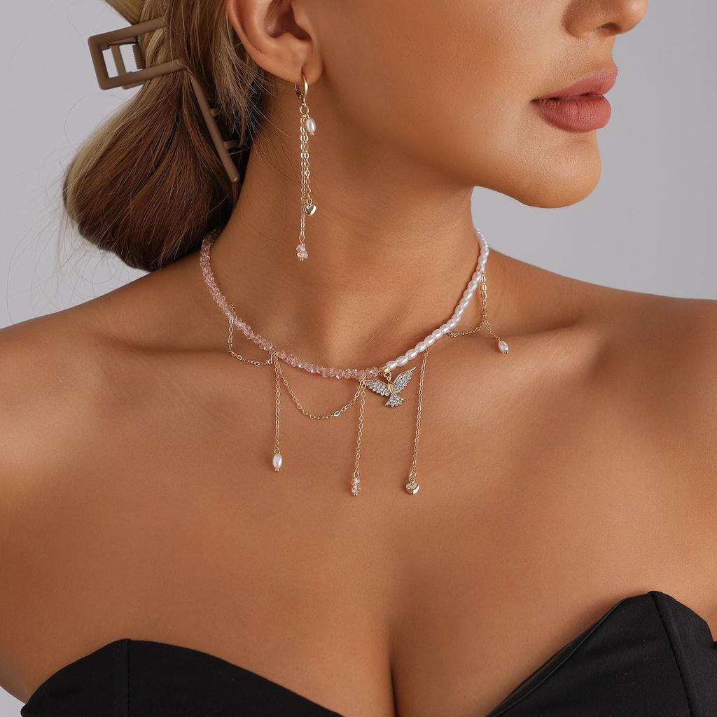 Pink Crystal Wing Tassel Necklace with Rhinestone and Pearl Bead Patchwork