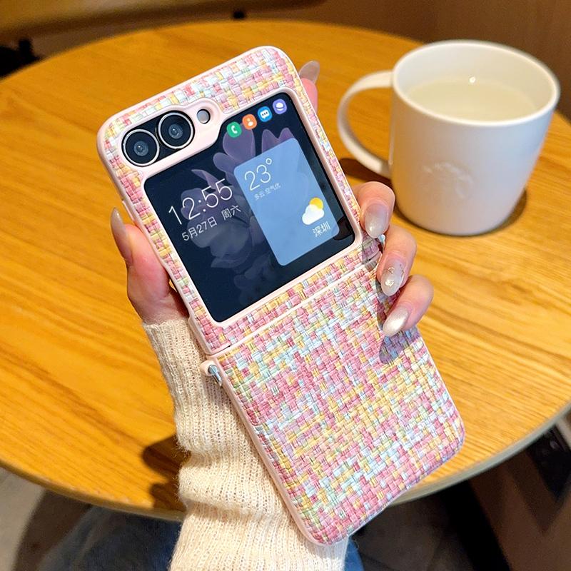 For Samsung Galaxy Z Flip 7 6 Colorful Woven Texture with Pearl Necklace Drop Anti Fingerprint Phone Case