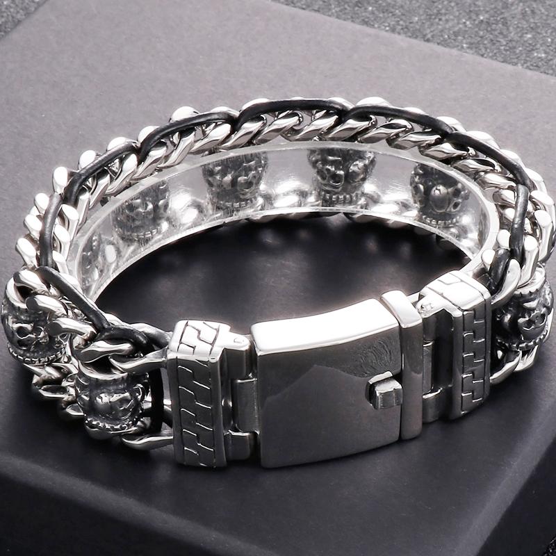 Bransoletka z gotyckiej czaszki dla mężczyzn ze stali nierdzewnej 316L, męskie bransoletki z ogniwami, punkrockowa skórzana bransoletka na rękę