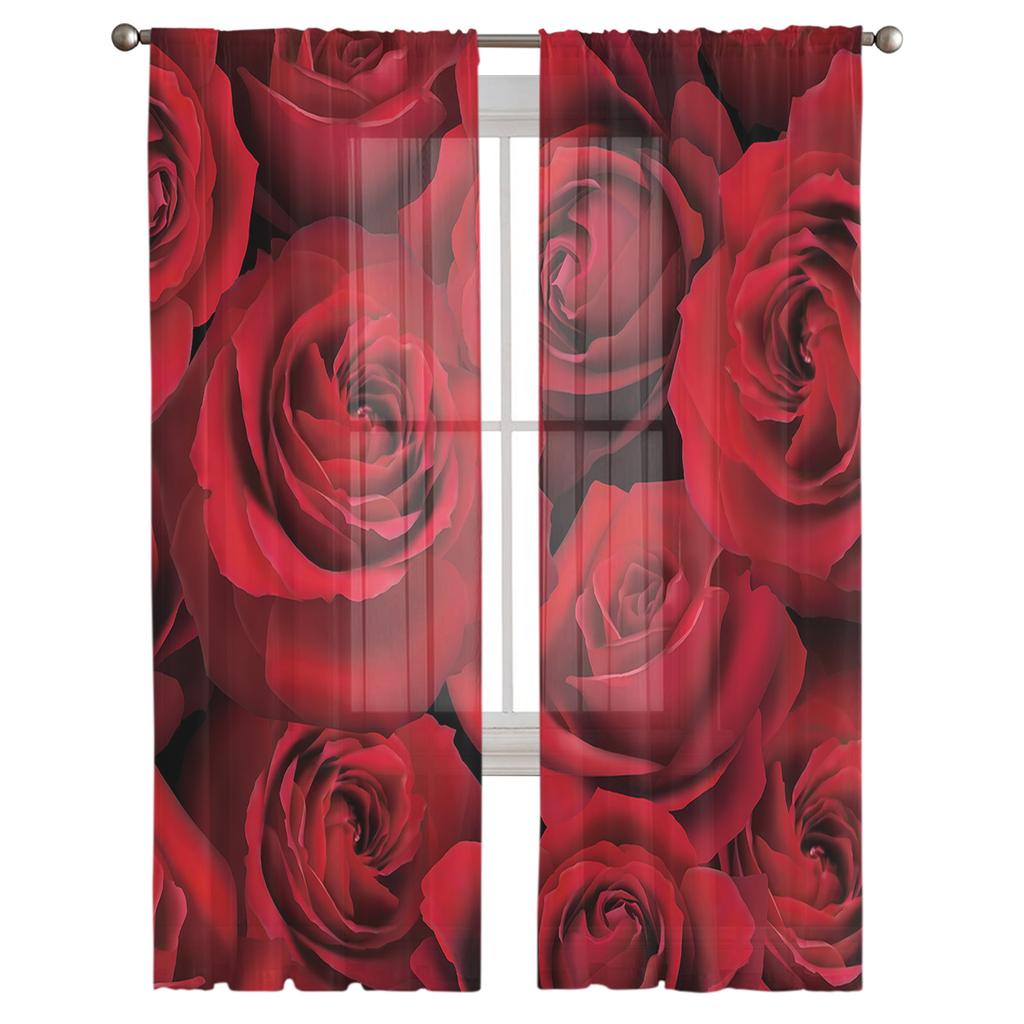 Valentine 'S Day Red Rose Flower Tulle Curtains For Living Room Bedroom Home Decor Chiffon Sheer Voile Kitchen Curtain