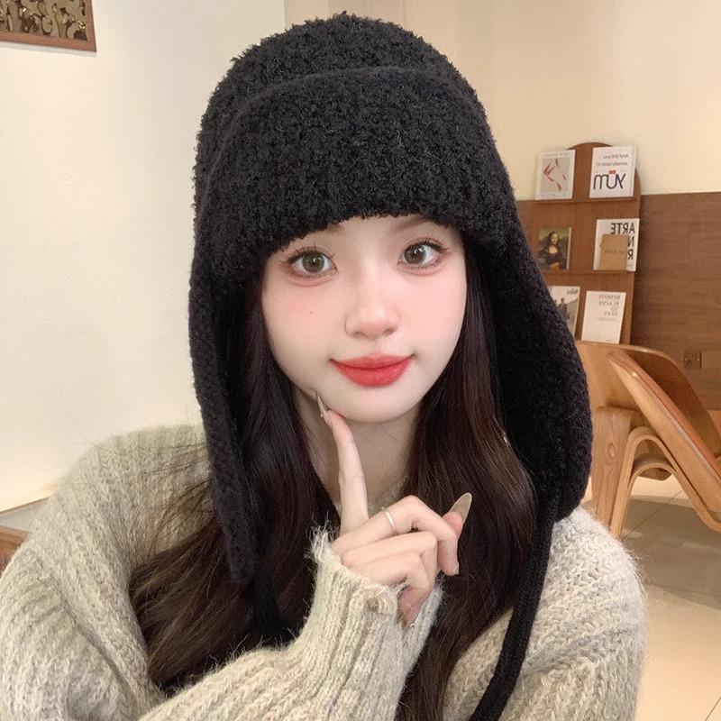 Solid Color Winter Warm Knitted Beanies Women Warm Woolen Japanese Hat Pile Caps Ear Protection Tie Pullover Hat Bomber Hats