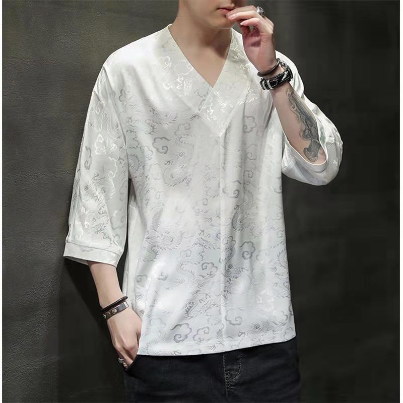 2024 New Summer Chinese Style Dark Flower Ultra-thin Ice Silk Short Sleeved Shirt China-Chic Oversize Loose Casual Men's T-shirt