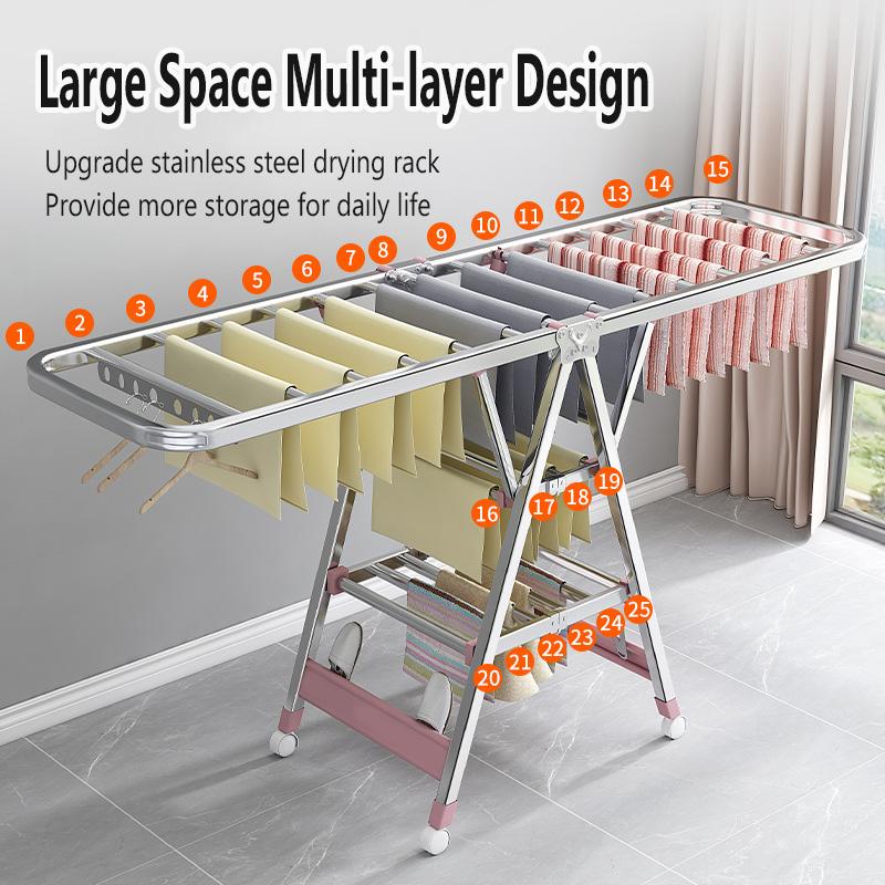 Stainless Steel Clothes Drying Rack Floor Folding Indoor And Outdoor Home Clothes Drying Rack Balcony Blanket Drying Pole