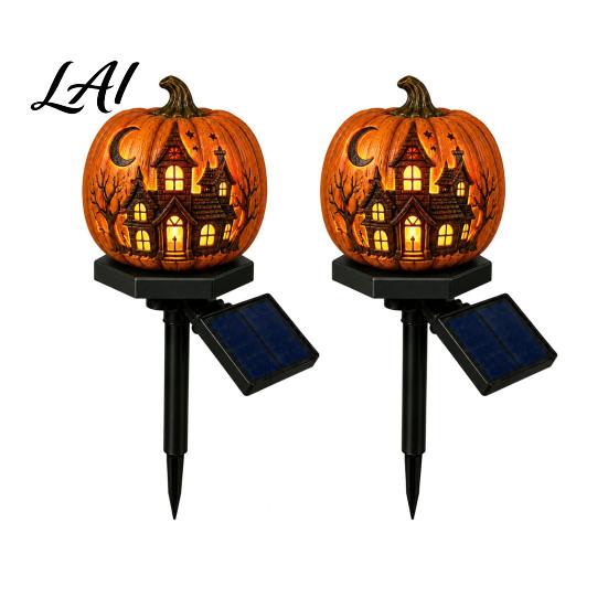 Weather Resistant Lighting Solar Halloween Pumpkin Garden Stake Light Waterproof Resin LED Spooky Porch Decor Lantern Yard for Outdoor Patio