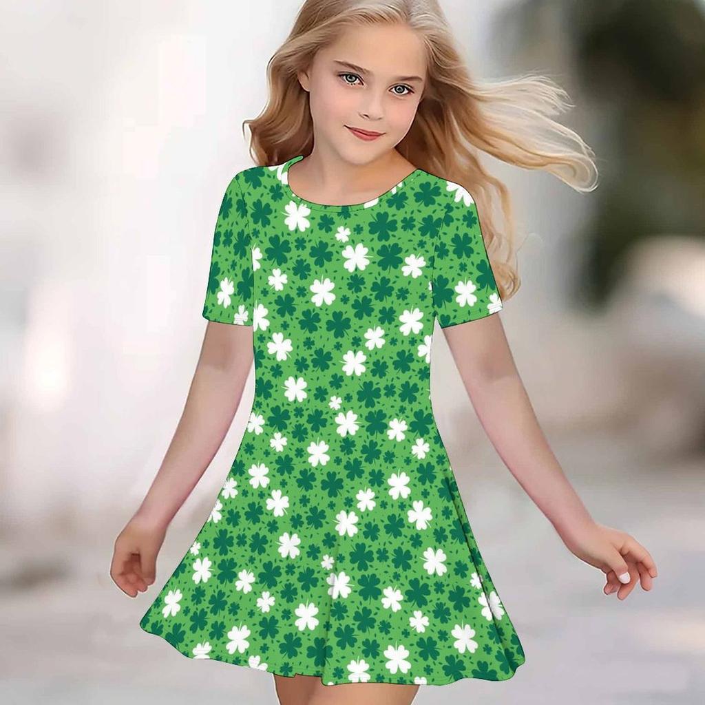 Girls 3D Print Dresses Kids Girl Party Short Sleeve Princess Dress Tank 3D Clover Print Dress