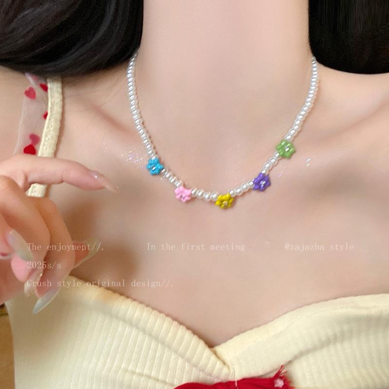 Zircon drop oil colored flower pearl necklace light luxury niche versatile collarbone chain sweet fresh temperament necklace women