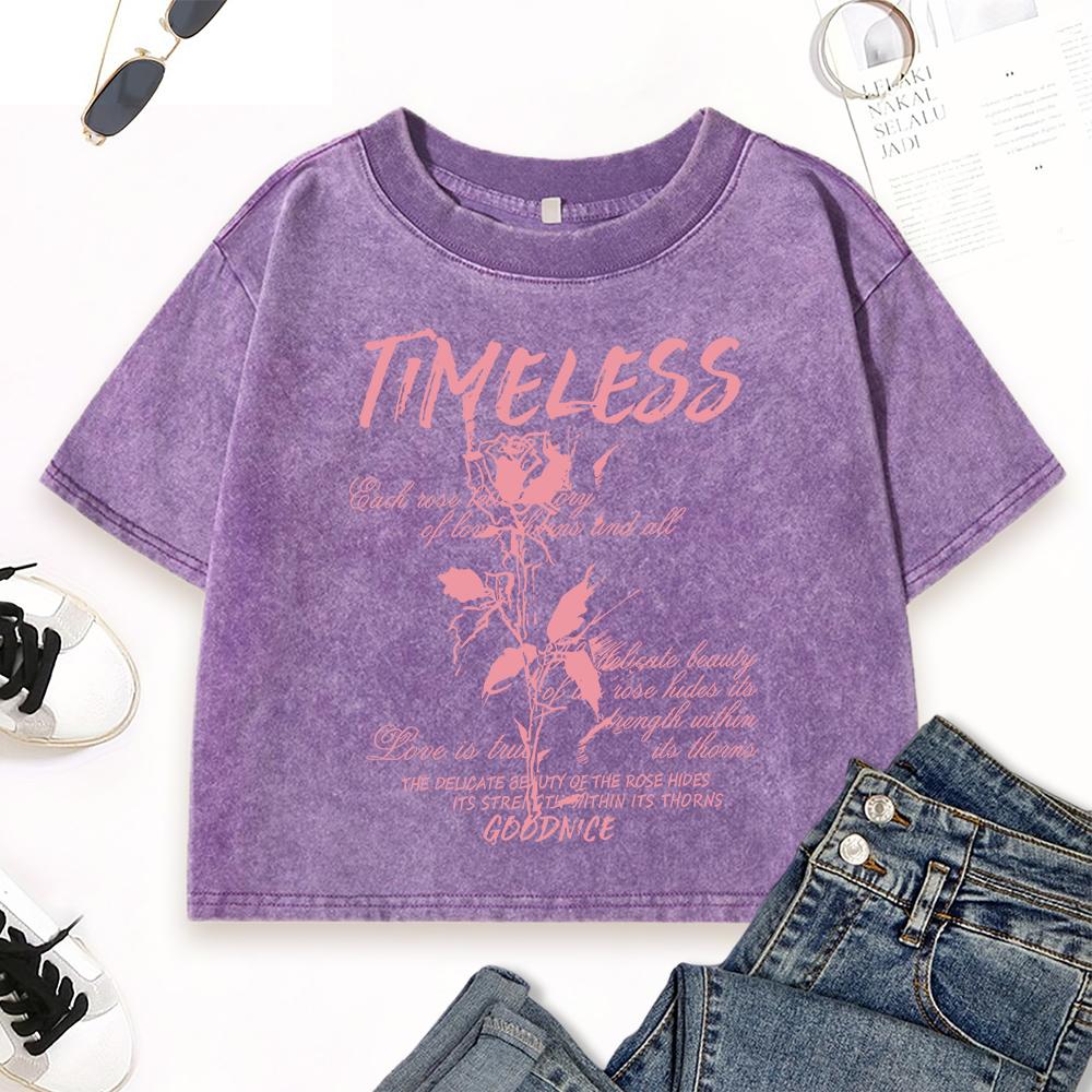 Timeless Love Flowers Prints Washed Slim T Shirts Women Fashion Street T-Shirt Fitness Summer Short Sleeve Cotton Top