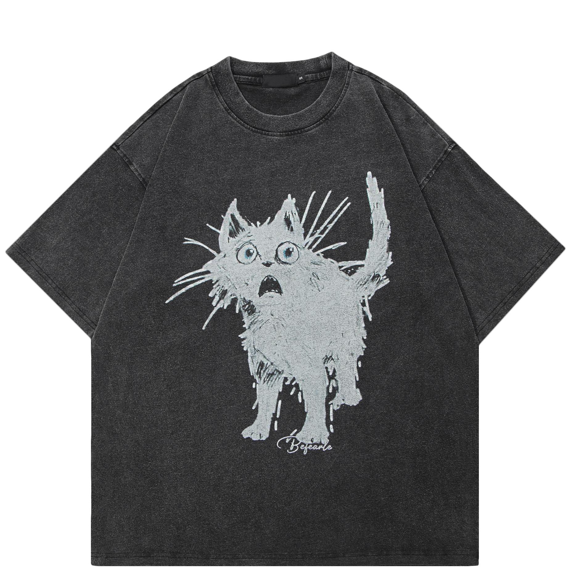 

Уличная одежда Футболка с рисунком Panic Cat Хлопковая футболка Унисекс Топы Футболки Летняя футболка с короткими рукавами M промывают черный