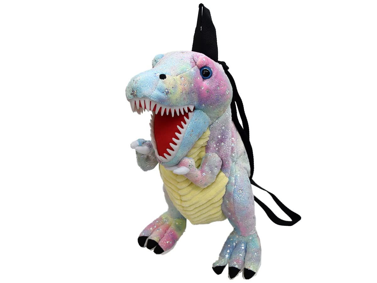 

Dinosaur Backpack featuring a Saurus, Tyrannosaurus, Triceratops, and Unicorn plush toys. Unique and fun character backpack for travel, walks,
