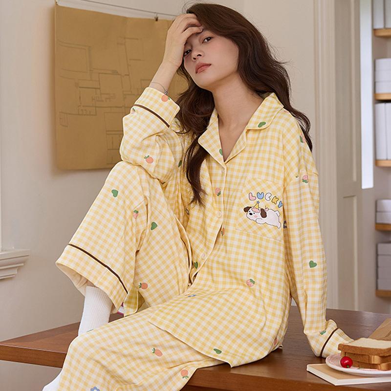 "Cute Dog Dachshund" ins cartoon spring and autumn striped pajamas women's cardigan long-sleeved loungewear autumn and winter suit