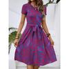 Women's Fashionable Retro Patterned Printing Color Blocked Belt Casual Dress