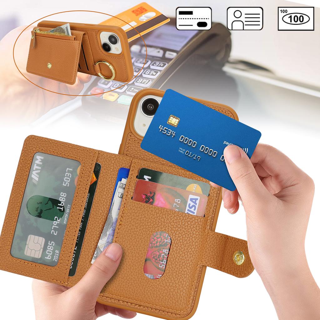 For iPhone 14/13 Case Litchi Textured PU Leather + TPU Kickstand Phone Cover with Card Slot