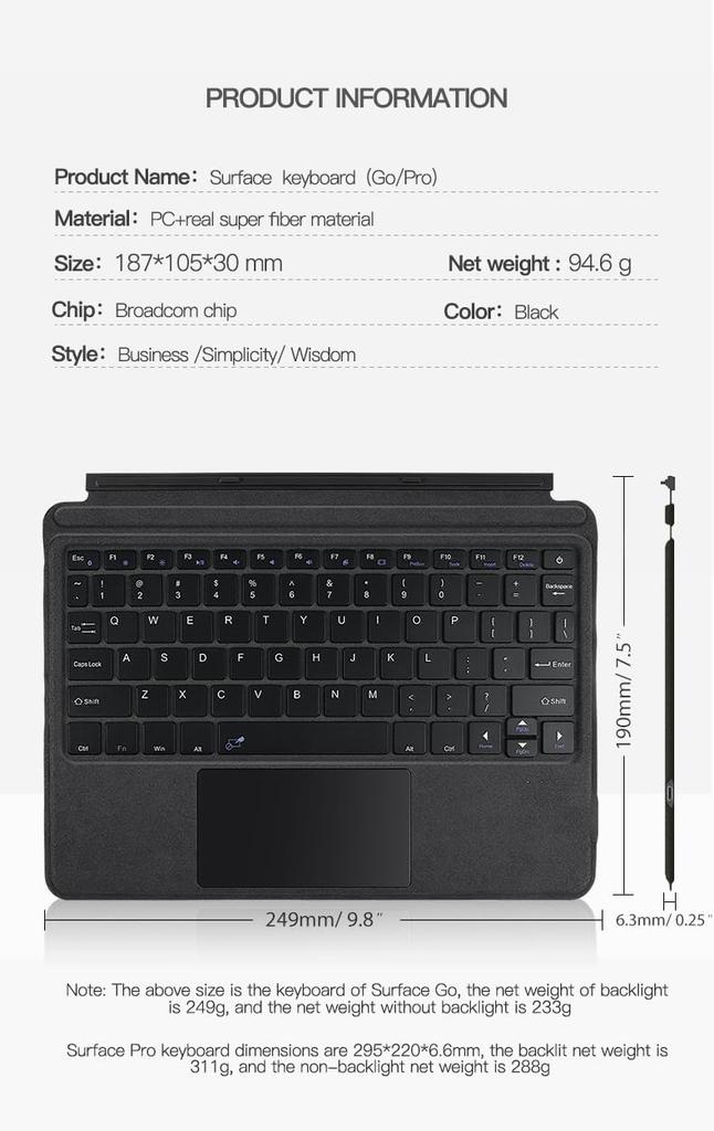 Surface Pro 6 Pro 3 Keyboard with Touchpad Surface Pro7 Pro6 Pro5 Pro4 Pro3 Keyboard Case Lightweight Thin Smart Wireless Bluetooth Keyboard Magnetic
