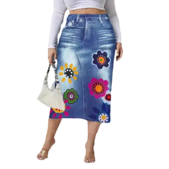Women's Spring Autumn Elegant Modest Plus Size Skirts Fashion Women Silm Fit Dress Imitation Denim Print Bag Hip Skirt