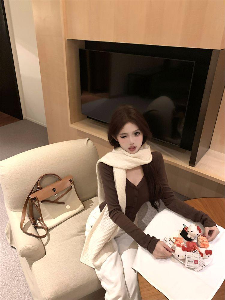 Women's Autumn Hot Girl Grey V-Neck Slim Fit Long-Sleeve Cardigan Top