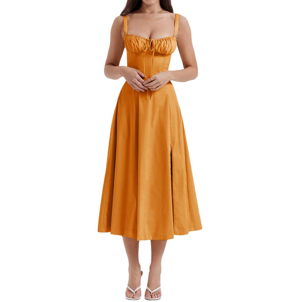 Women's Summer Dress Sexy Sleeveless Spaghetti Straps A-Line Midi Dress Side Slit Boho Holiday Beach Dresses