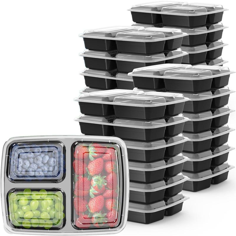 

A25F-Reusable 32 Oz Meal Prep Containers 50 Pack 3-Compartment With Lids, To Go Take Out Plastic Food Storage чёрный