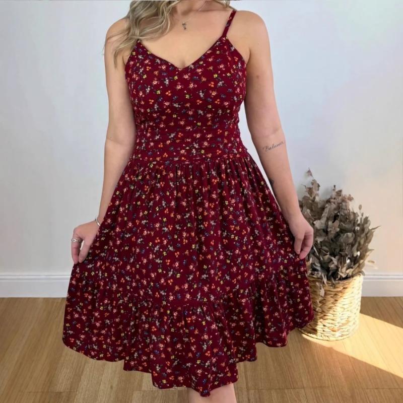 Womens Floral Print Spaghetti Strap V Neck Ruffle Hem Midi Dress S красный