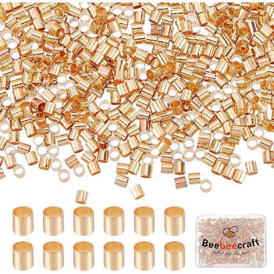 Beebeecraft 1 Box 1000Pcs Crimp Tube Beads 18K Gold Plated Crimping Tube Spacers Cord End Caps 2mm Loose Tiny Stopper Beads for Earring Necklace