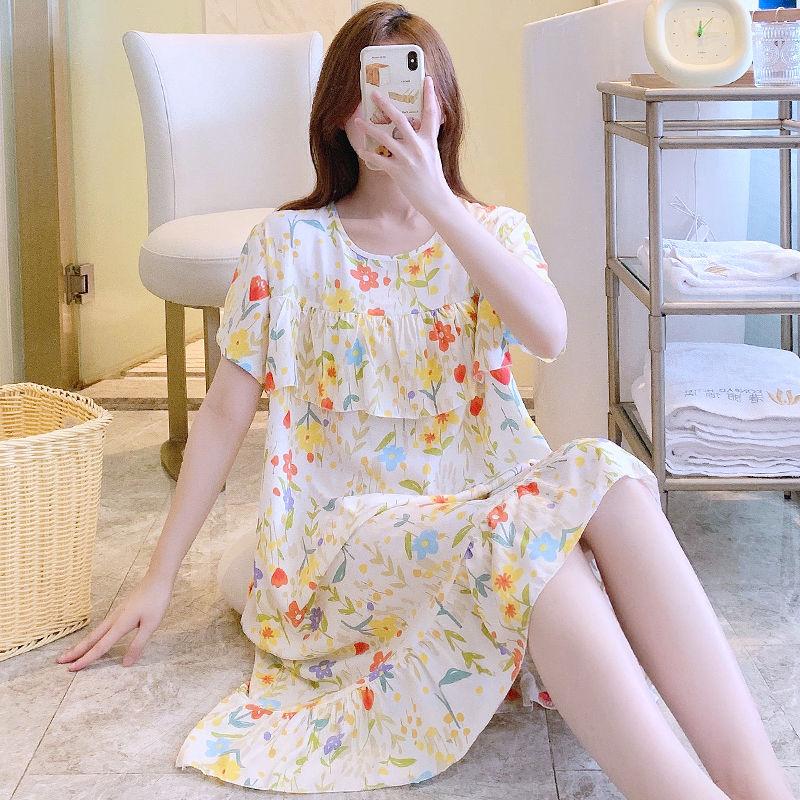 Sleeping Dress for Women In Summer Thin Cotton Silk Short Sleeved Without Chest Pad Home Clothing Knee Length for Outdoor Wear Dress