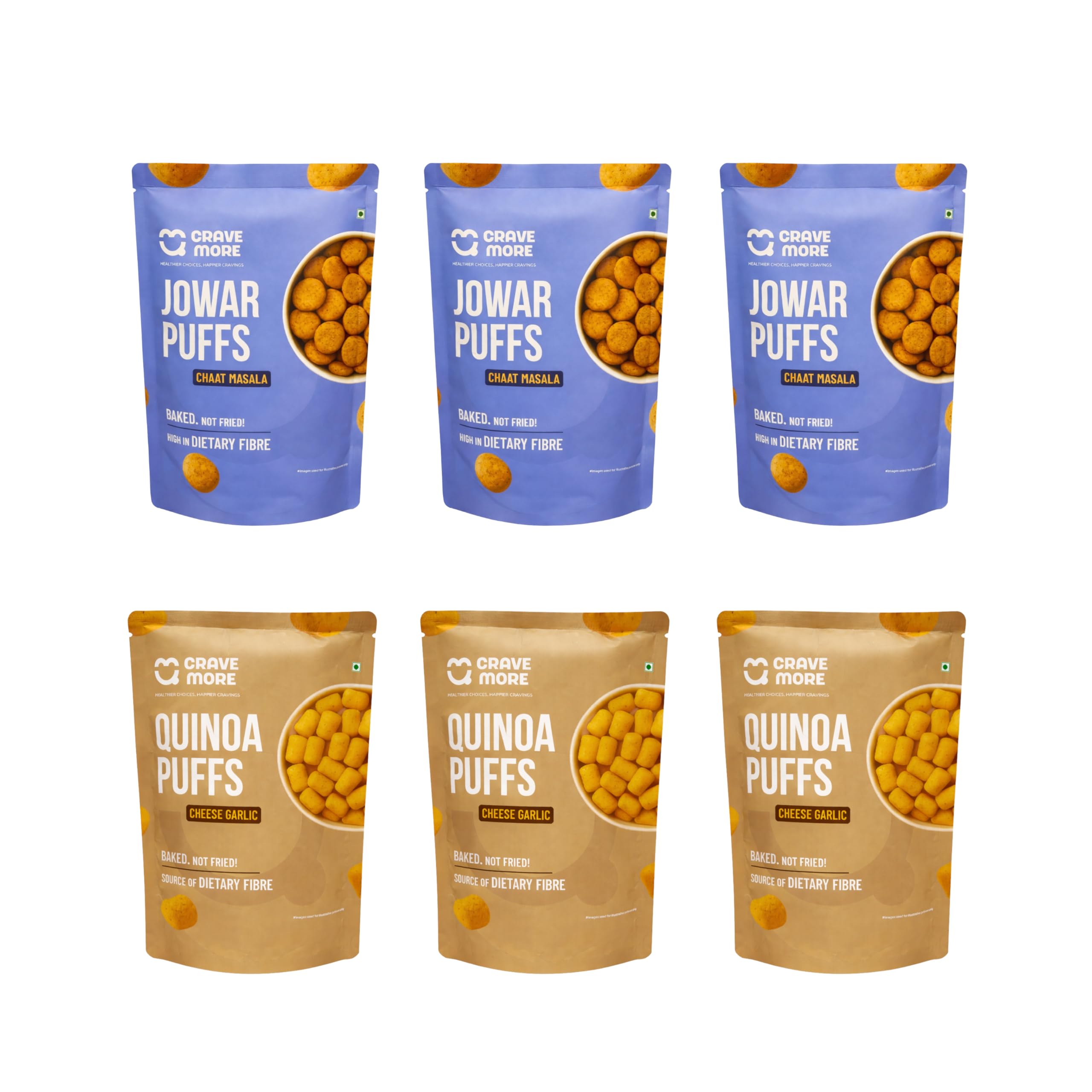 

CRAVE MORE Jowar Puffs & Quinoa Puffs Combo | 45 g x 6 Pack | Chaat Masala & Cheese Garlic Flavour | Baked, Gluten Free Snack Pack | No Maida, No