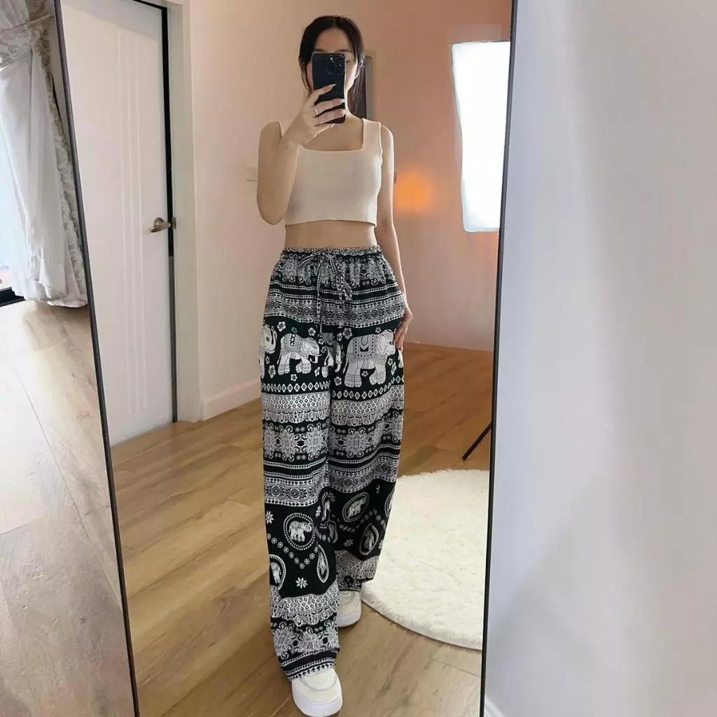 Elephant Pants Women Men Unisex Premium Japanese Silk Print Thailand Casual Streetwear Beach Bohemian Retro Vintage Adjustable Rope Loose Legs