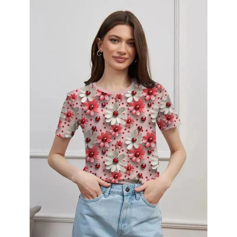 Women's Summer Round Neck Short Sleeved T-shirt Paired with 3D Floral Print Casual Top Breathable and Machine Washable Suitable for Outdoor Daily Wear