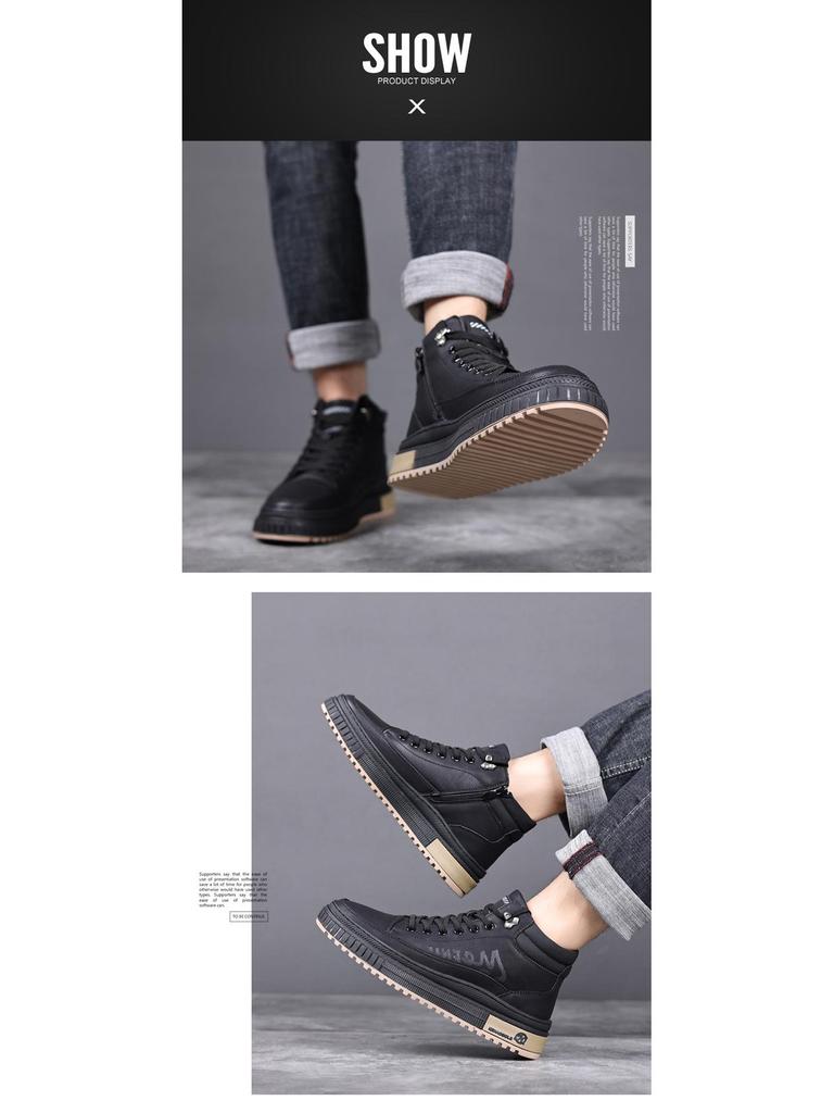 Męskie Zimowe Bawełniane Skórzane Buty High-Top, Casualowe Futerko, Antypoślizgowe Aksamitne Śniegowce