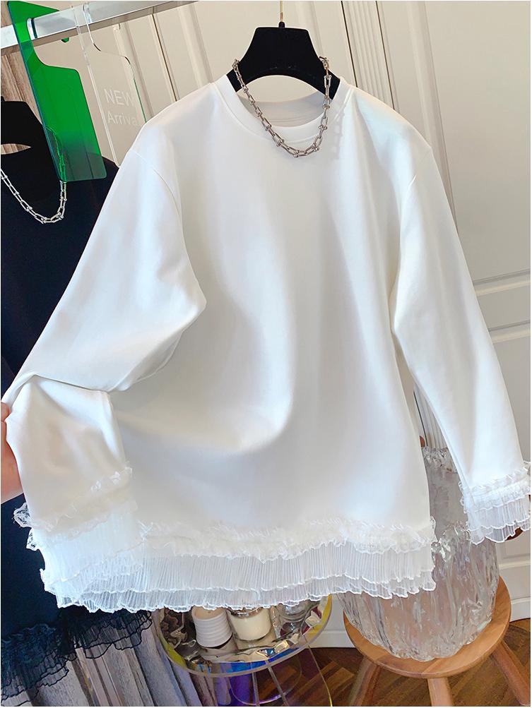 

Корейская лоскутная кружевная футболка с длинным рукавом: Женский утягивающий топ больших размеров для весны и осени 4XL белый