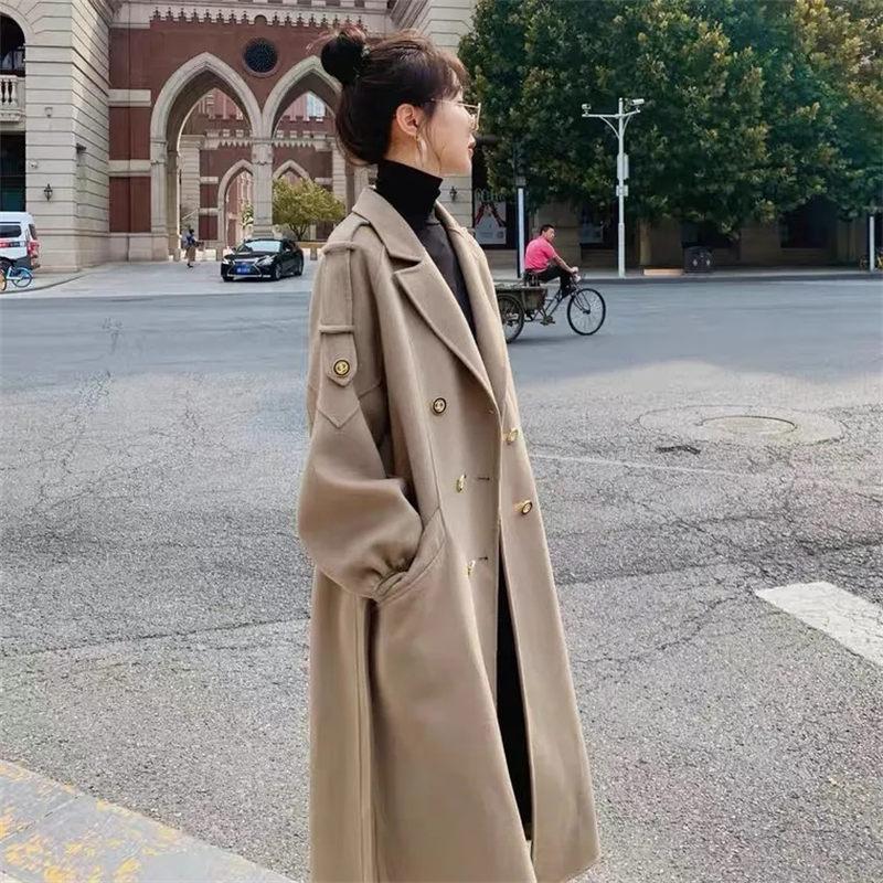 Zimní móda Nový elegantní temperamentní vlněný kabát Elegantní super dlouhý retro dvouřadý vlněný dámský kabát
