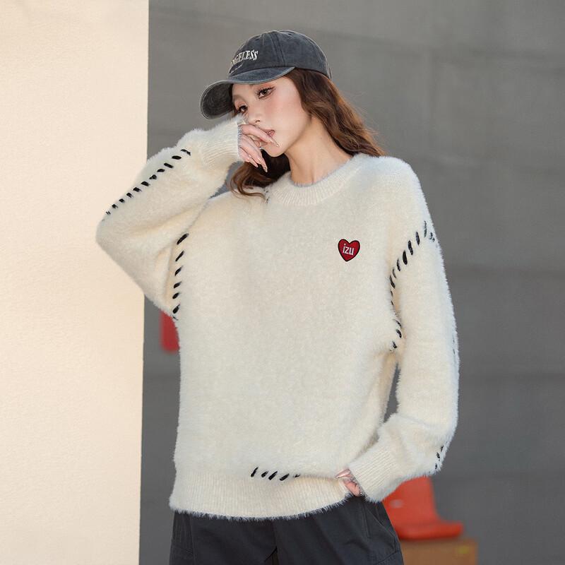 Izzue i.t Women's Love Heart Pattern Loose Round Neck Sweater