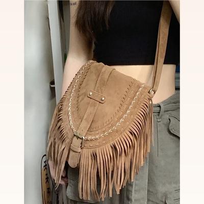 Xiaohongshu Gleiche Imitation Wildleder Fransen Tasche Damen Khaki Vielseitig Ethno-Stil Retro Umhängetasche Tide