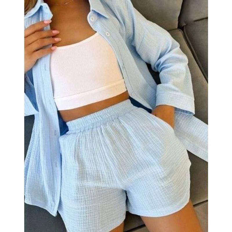 Collar Long Sleeve Shirt Shorts Set Lapel Long Sleeve Shirt Shorts Suit