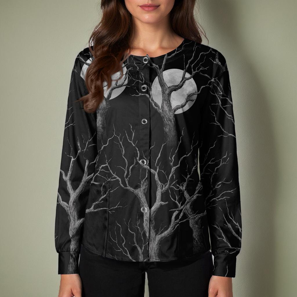 Women's Halloween Print Long Sleeve Cardigan Top with Single Button Front for Caregiver Uniform