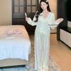 2025 Women's Ice Silk Butterfly Pajamas: Long Sleeve, Chest Pad, Spring/Autumn