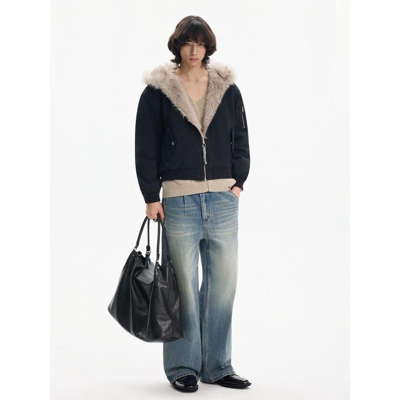 Blaexit American-Style Bomber Pilot Jacket Cotton Coat for Men, Winter Thickened Reversible Jacket with Mountain Carving Design