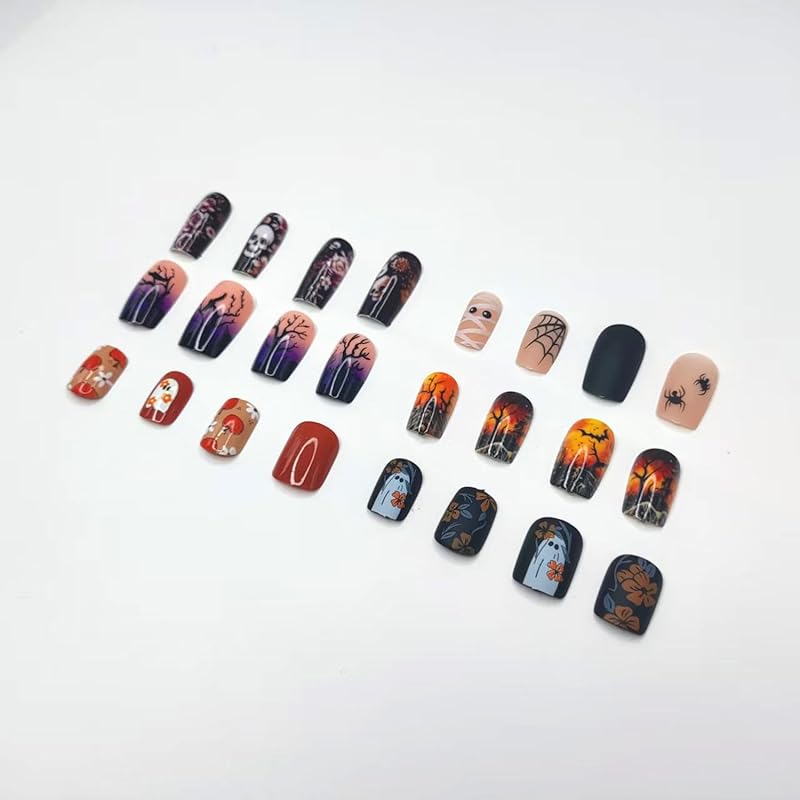 Press on Nails Halloween Square French Tip Fake Nails Mummy and Cobweb Designs Stick on Nail Nude Color Acrylic Nail Halloween Glue on Nails Full