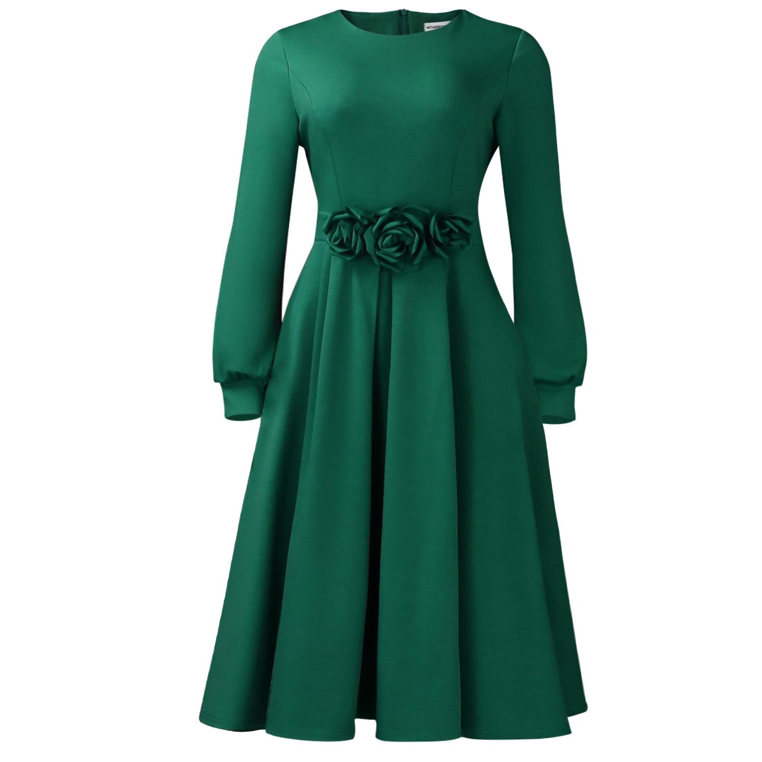 

D602 Women s 3D Floral Hem African Dress - 2025 Autumn/Winter Round Neck Long Sleeve Small квітковий/зелений