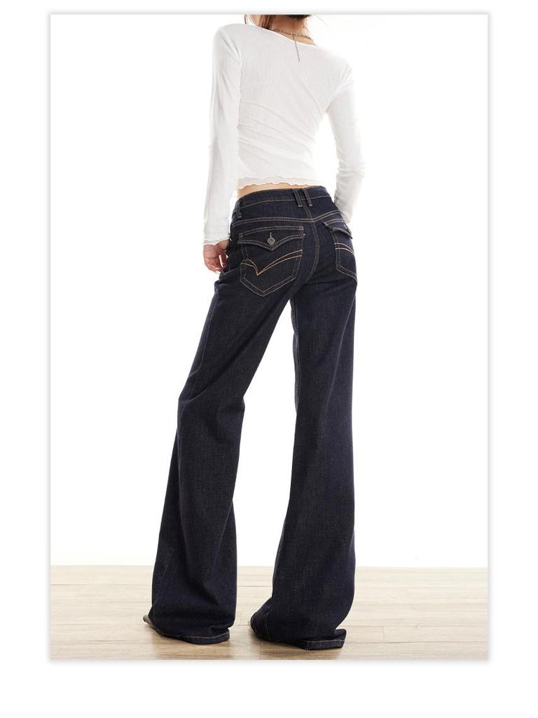 Retro Anti-Fade Denim Blue Low-Rise Micro-Flare Jeans with Irregular Design