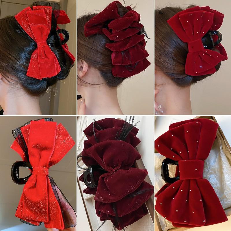 Bridal oversized bow pearl tassel hairpin retro elegant temperament spring clip high sense fashion grab clip female